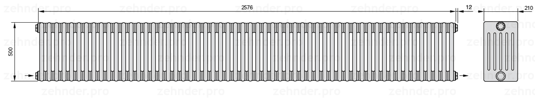 Схема (чертеж) Радиатор Zehnder Charleston 6050/56 №2670 Белый глянцевый RAL 9016